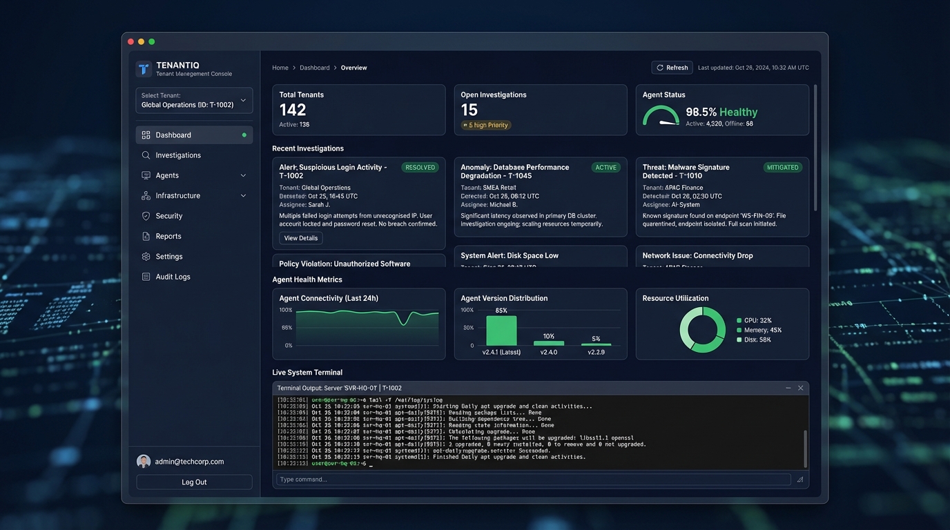 Sherlock Agent investigation dashboard showing multi-tenant console with agent health metrics and terminal output