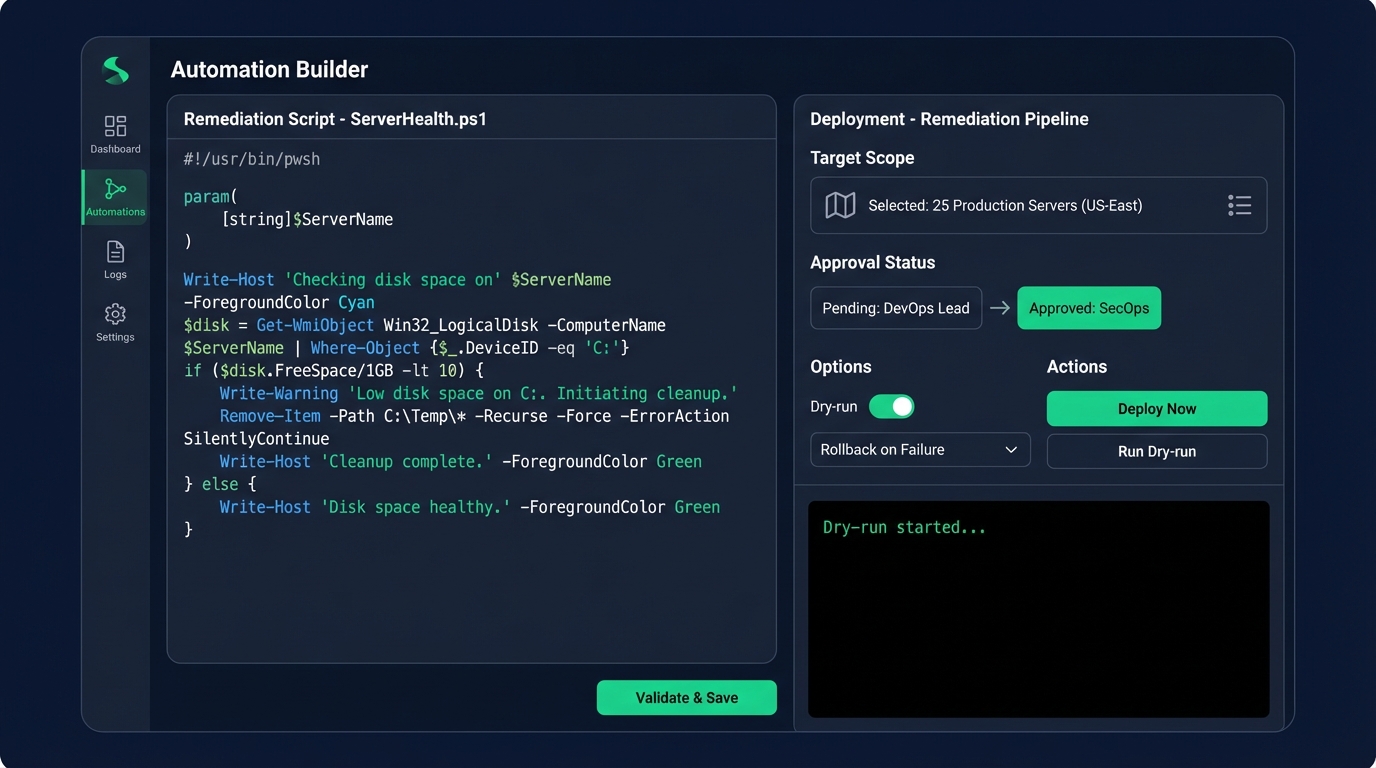 Sherlock Automation Builder showing remediation script editor with deployment pipeline