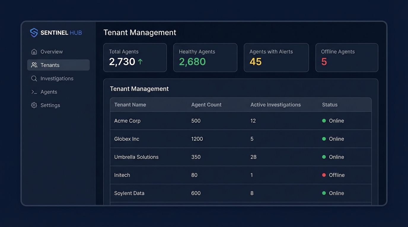 Sherlock Console showing multi-tenant management with agent counts and investigation status