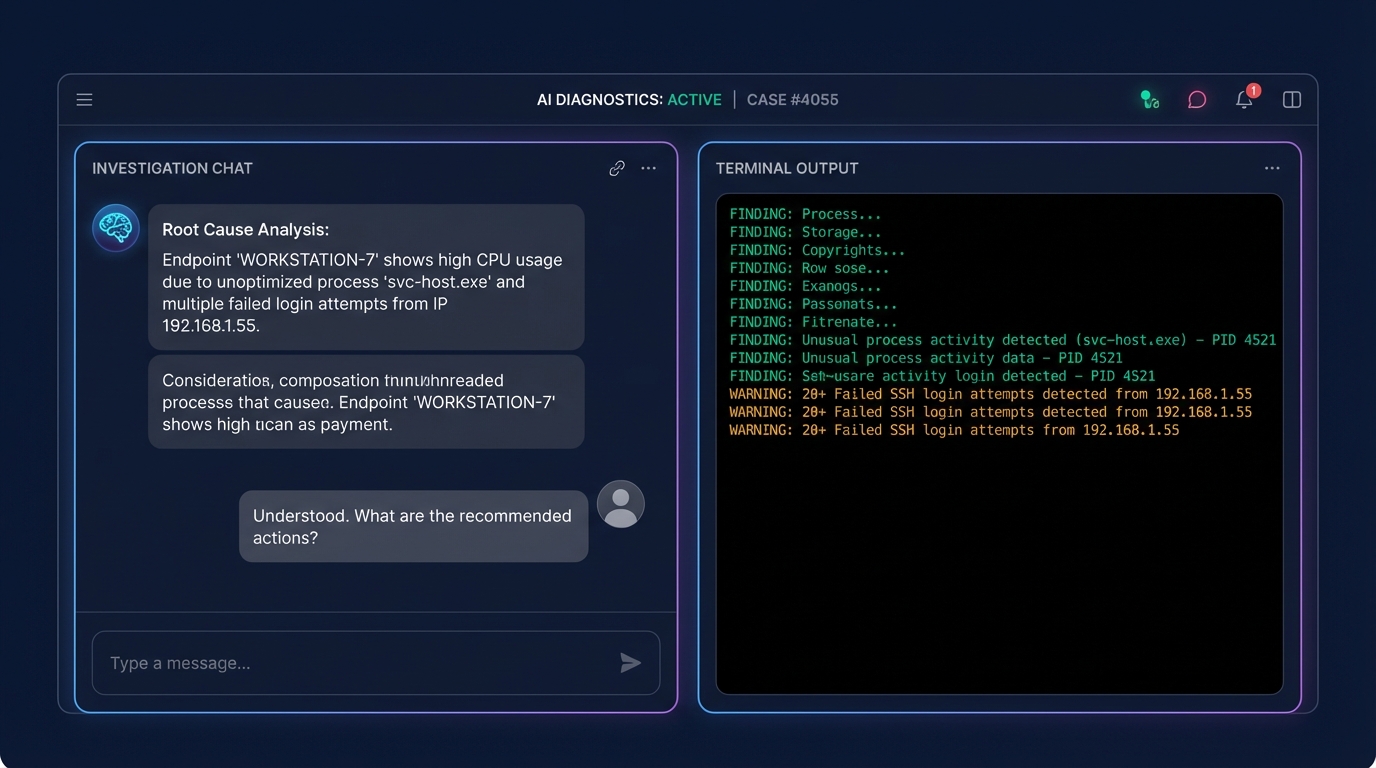 Sherlock Investigations showing AI chat-based root cause analysis with terminal output